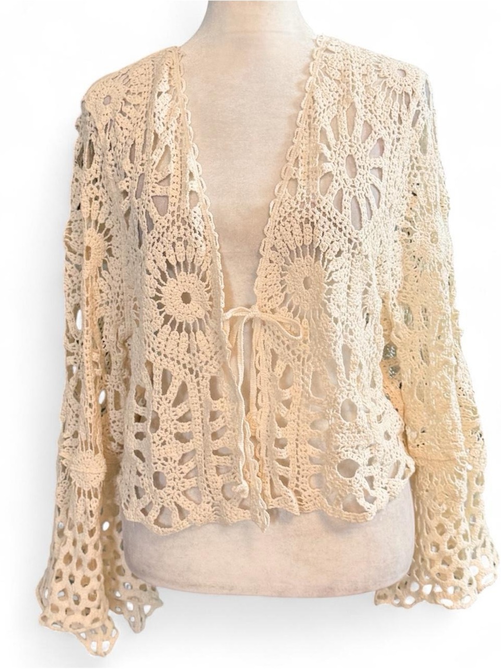 Vintage-Style Handmade Crochet Tie-Front Cardigan Top – Fits Like a Medium